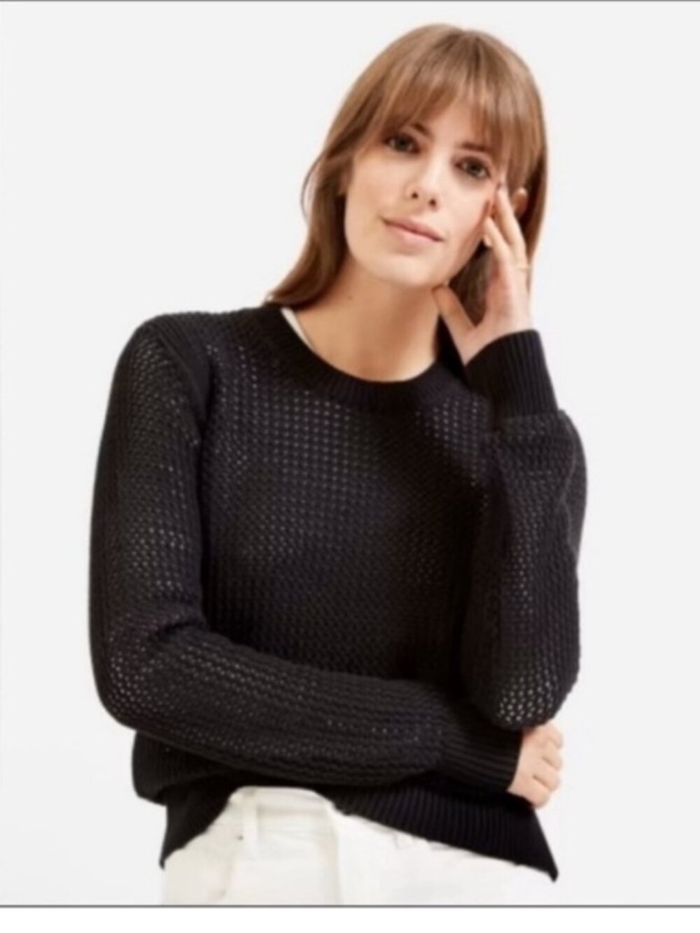 Everlane Cotton Sweater Lace-Knit Crewneck Long-Sleeve Pullover Navy Blue SZ S